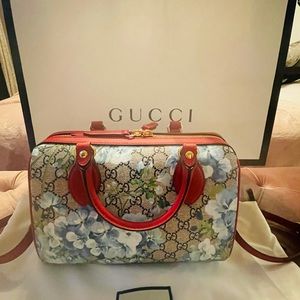 New Gucci 546314 Boston Bloom Beige/Blue GG Coated
